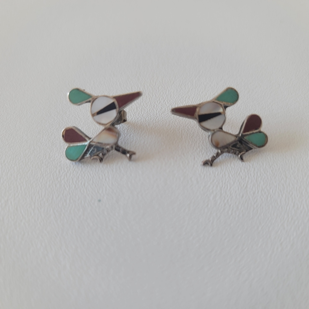 Vintage Zuni Multi-Stone Inlay Roadrunner Earrings